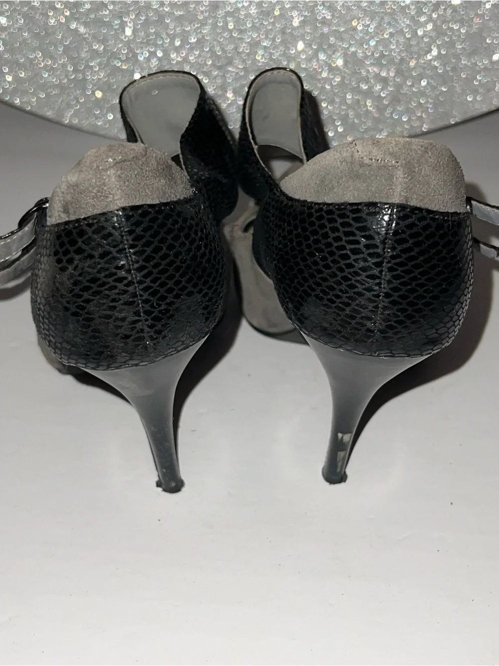 Women’s Two-Tone Suede Pointed-Toe Heels with Black Patent Strap